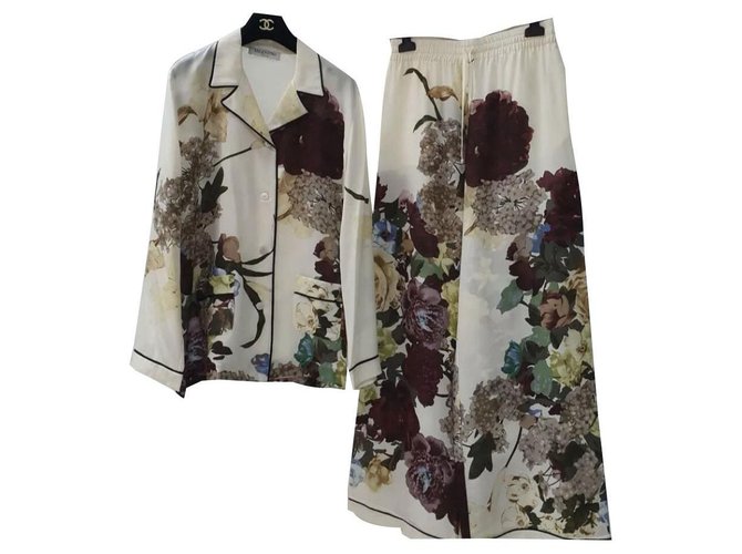 VALENTINO Ensemble pantalon en crêpe de Chine de soie à fleurs, taille S M Multicolore  ref.220437