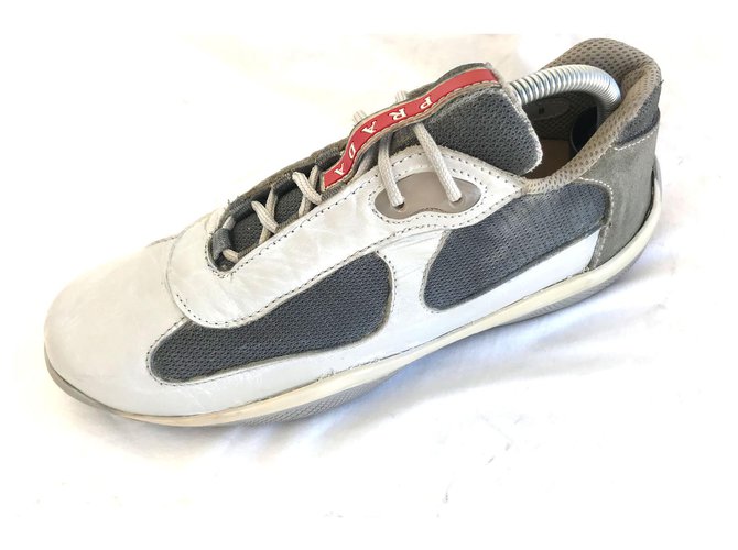 Prada Sneakers Silvery White Leather Synthetic  ref.220613