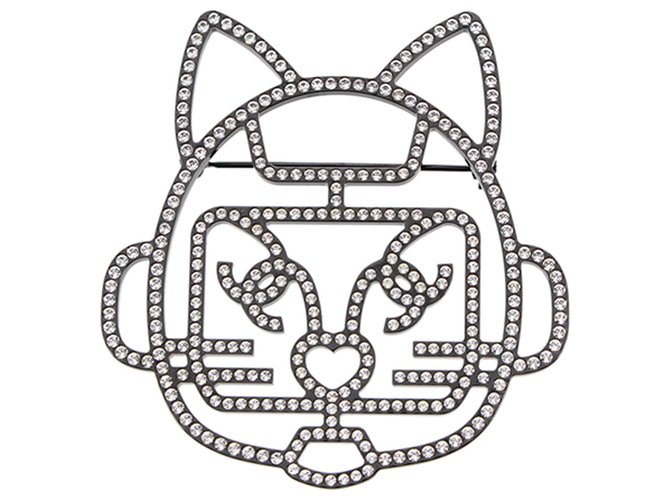 Broche de strass robô Chanel Gato Preto Branco Metal  ref.220826