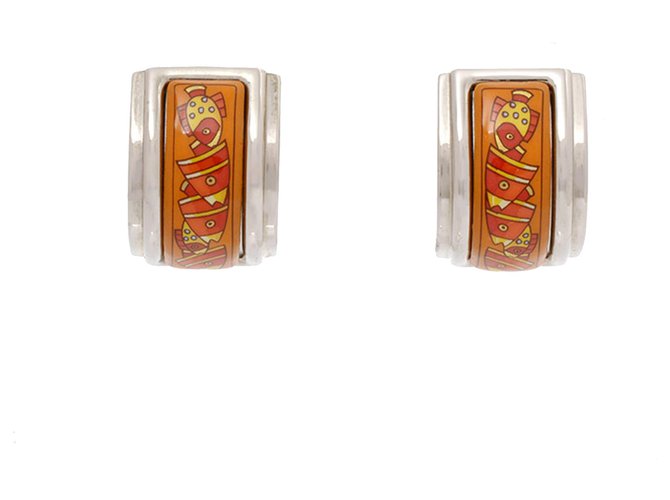 Hermès Hermes Silber Metall Clip auf Ohrringe Orange  ref.220827