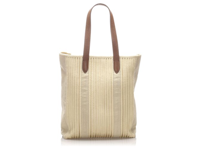 Hermès Hermes White Canvas Tote Bag Brown Cream Leather Cloth Pony-style calfskin Cloth  ref.221166