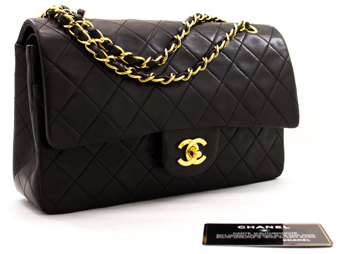 Chanel 2.55 gefütterte Klappe 10"Chain Shoulder Bag Black Lambskin Schwarz Leder  ref.221293