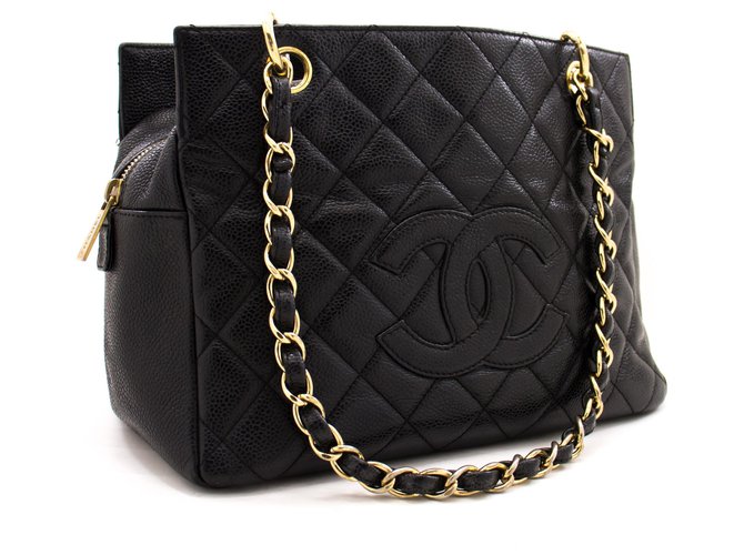 CHANEL Caviar Chain Shoulder Bag Shopping Tote Black Quilted Purse Leather  ref.221294