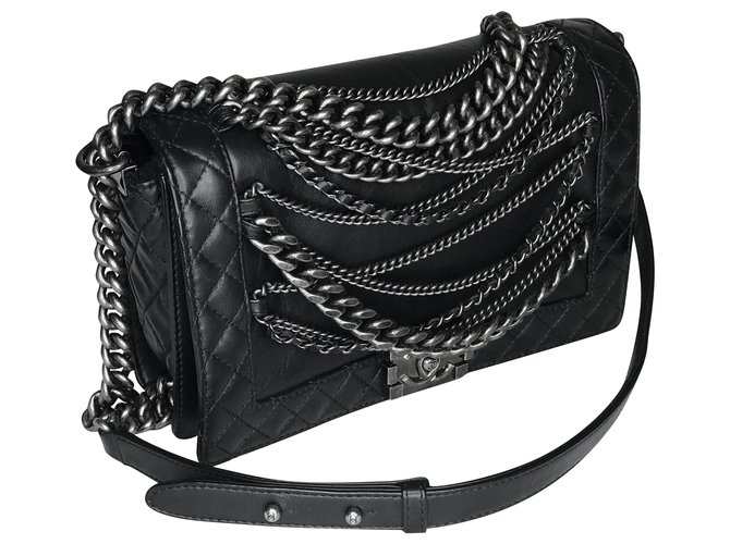 Chanel W/ card and Box Medium Enchained Boy flap bag Black Leather  ref.221486