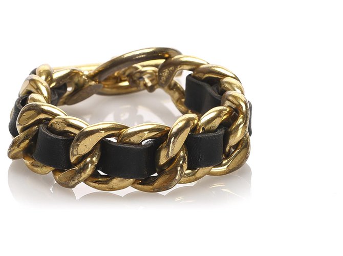 Chanel Gold Leder gewebtes Kettenarmband Schwarz Golden Metall Kalbähnliches Kalb  ref.221888