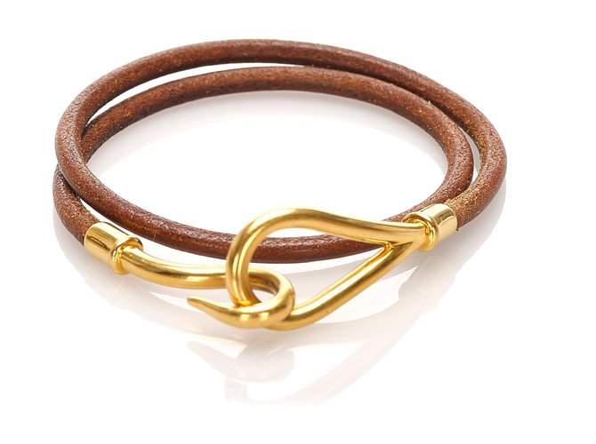Hermès Bracelet crochet en cuir marron Hermes Métal Veau façon poulain Doré  ref.221905
