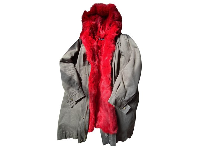 Autre Marque On parle de vous - Fur Lined Classic Parka Hooded Red Dark green Cotton  ref.222017