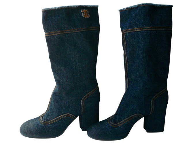 CHANEL Novas botas jeans jeans T40 ISTO Azul escuro Couro Algodão  ref.222033
