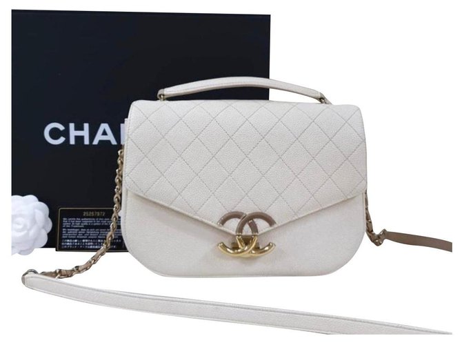 Bolsa com aba granulada Chanel com alça superior nova 2018 Bolsa de couro de bezerro branco marfim  ref.222045