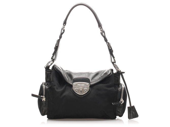 Prada Black Tessuto Shoulder Bag Leather Pony-style calfskin Nylon Cloth  ref.222208