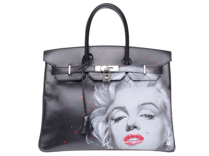 Espléndida pieza única: Hermès Birkin 35 "Marilyn" personalizada en cuero box negro y marrón , molduras de metal de paladio, # firmado y numerado78 por el artista PatBo Castaño  ref.222638