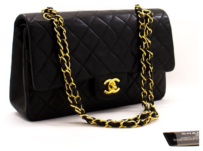 Chanel 2.55 gefütterte Klappe 10"Chain Shoulder Bag Black Lambskin Schwarz Leder  ref.222748
