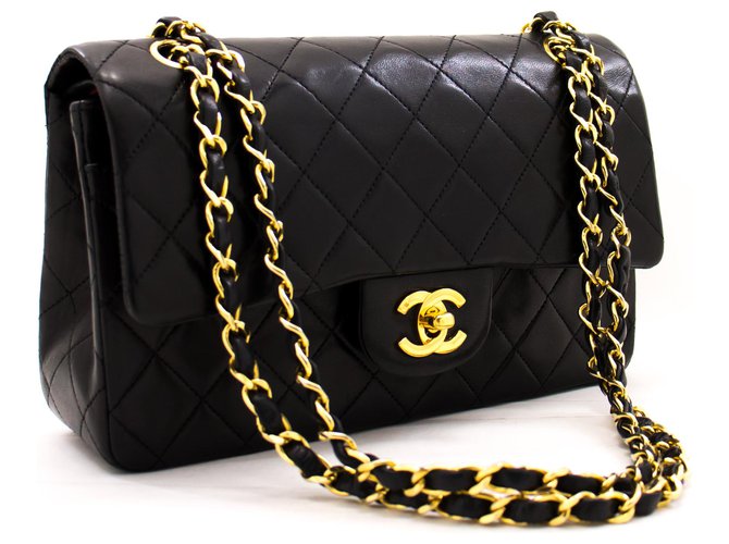 Chanel 2.55 gefütterte Klappe 9"Chain Shoulder Bag Black Lambskin Purse Schwarz Leder  ref.222749