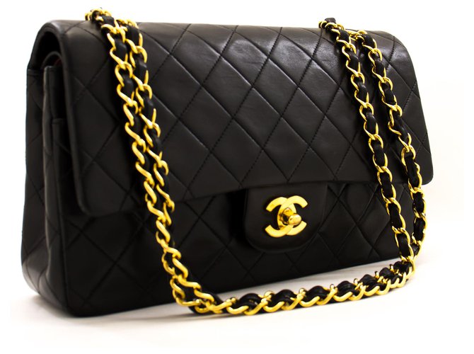 Chanel 2.55 gefütterte Klappe 10"Chain Shoulder Bag Black Lambskin Schwarz Leder  ref.222751
