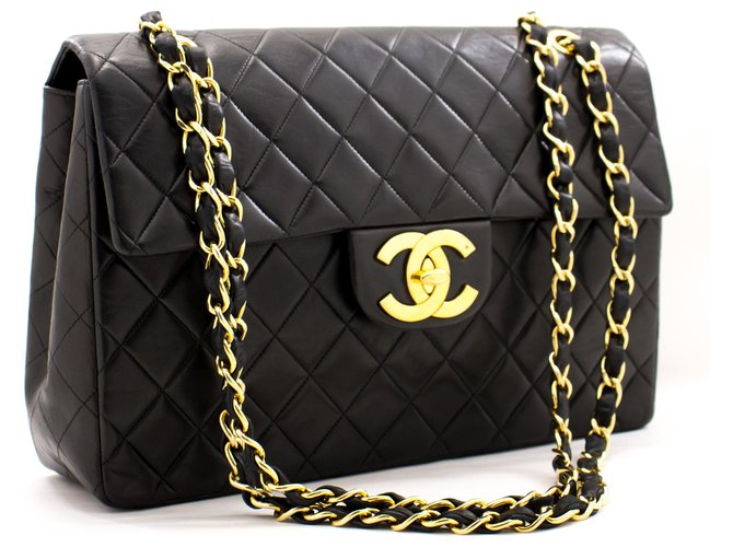 Chanel Jumbo 13"Maxi 2.55 Flap Chain Shoulder Bag Preto Cordeiro Couro  ref.222757
