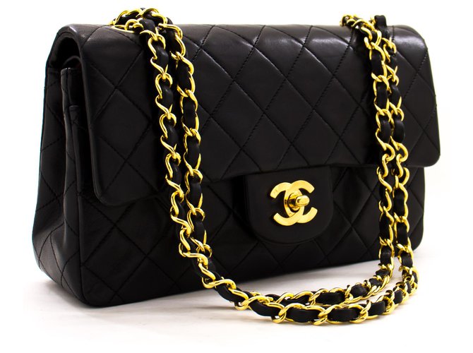 Chanel 2.55 gefütterte Klappe 9"Chain Shoulder Bag Black Lambskin Schwarz Leder  ref.222758