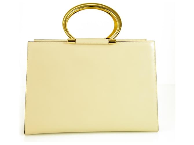 Céline Celine Beige Glossy Leather  Square Sturdy Tote Handbag with golden ring handles  ref.222764