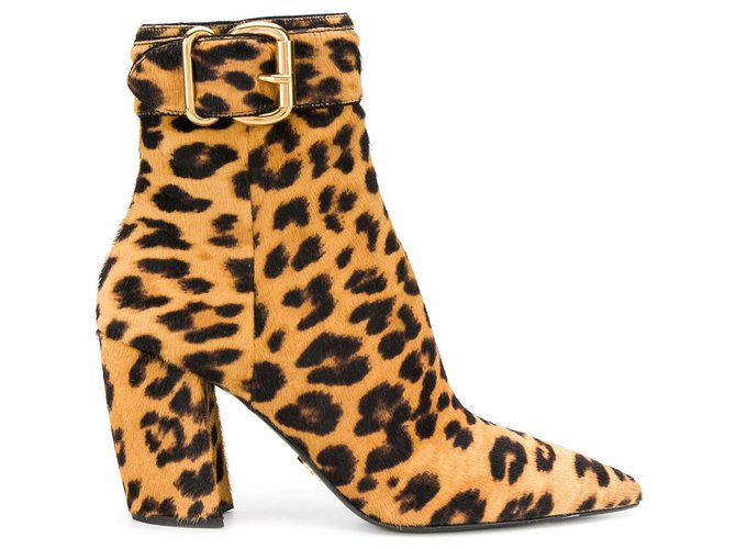 Botas de tornozelo Prada Brown com estampa de leopardo Marrom Couro Bezerro-como bezerro Crina  ref.222992