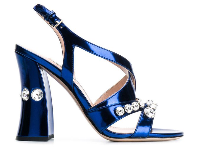 Miu Miu Blue Embellished Patent Leather Sandals White Pony-style calfskin  ref.223082