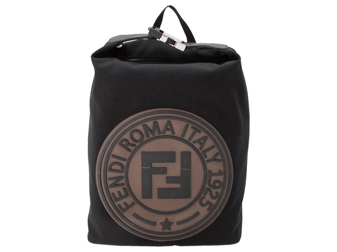Fendi Black Logo Canvas Backpack Leather Cloth Pony-style calfskin Cloth  ref.223088