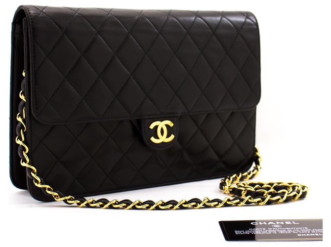 CHANEL Chain Shoulder Bag Clutch Black Quilted Flap Lambskin Purse Leather  ref.223131