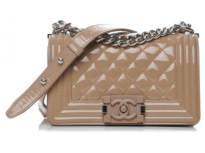 Chanel Boy mini bag Silvery Beige Patent leather  ref.223142
