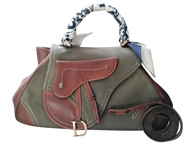Christian Dior Saddle handbag Khaki Cloth  ref.223442
