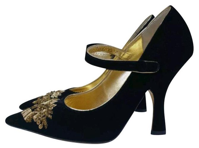NWOB Dolce & Gabbana Runway Black Gold Evening Mary Jane Talons Velours Noir Doré  ref.223497
