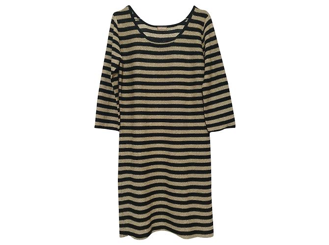 Galliano Gestreiftes Kleid Schwarz Gold Mehrfarben Golden
