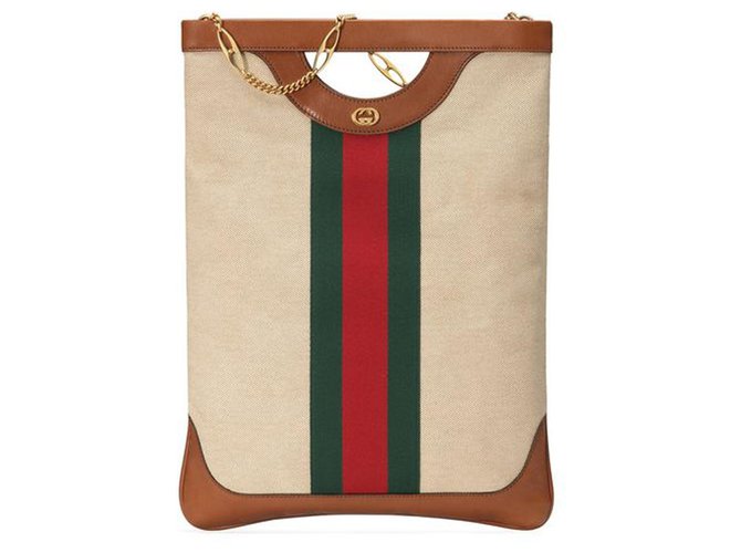 Gucci Brown Web Canvas Tote Bag Multiple colors Beige Leather Cloth Pony-style calfskin Cloth  ref.223649