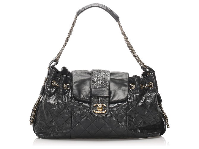 Chanel Black Accordion Bindi Stingray Trim Shoulder Bag Leather  ref.223654
