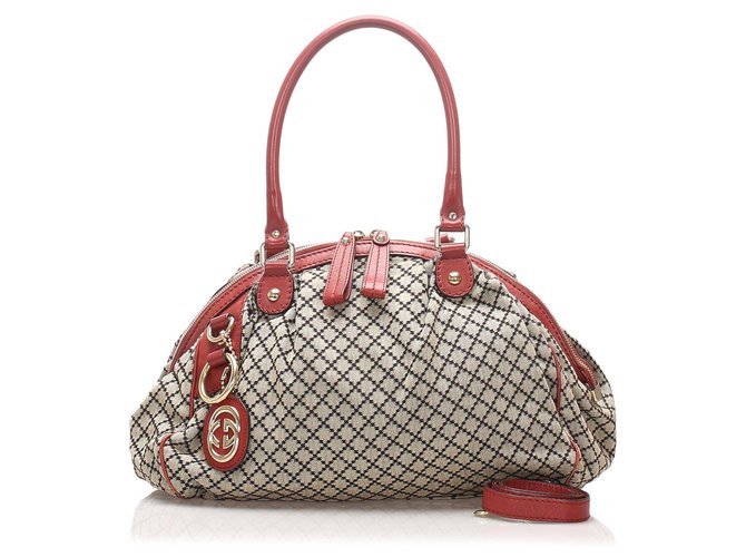 Gucci Brown Diamante Canvas Sukey Satchel Red Beige Leather Cloth Pony-style calfskin Cloth  ref.223657