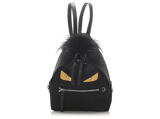 Fendi Black Mini Monster Backpack Yellow Leather Pony-style calfskin Nylon Cloth  ref.223669
