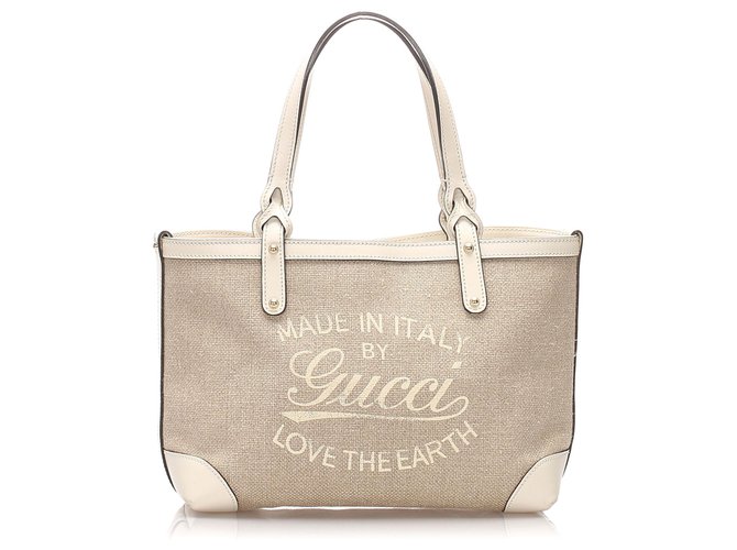 Gucci Brown Craft Canvas Tote Bag White Beige Leather Cloth Pony-style calfskin Cloth  ref.223675