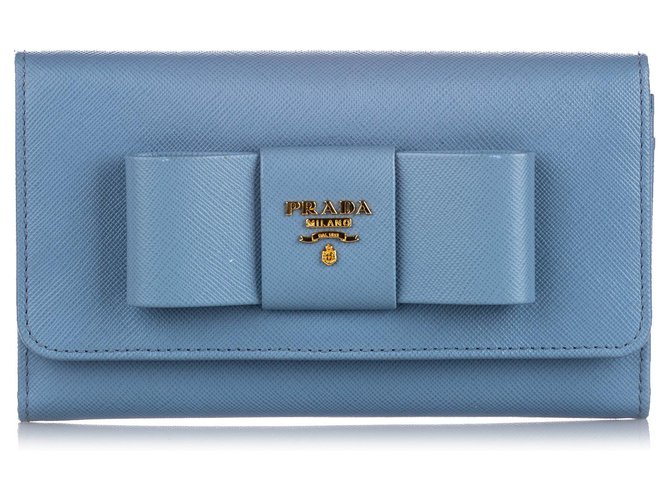 Prada Blue Saffiano Lux Bow Wallet On Strap Leather Pony-style