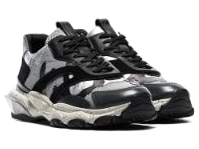 Valentino Gray Bounce Camo Sneakers Black Grey Leather Polyester Cloth  ref.223718