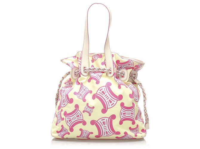 Céline Celine White Printed Canvas Tote Bag Pink Leather Cloth Pony-style calfskin Cloth  ref.223740