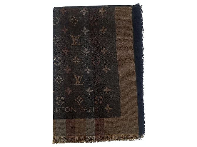 LOUIS VUITTON MONOGRAM SO SHINE BROWN SHAWL (M71548) Silk ref