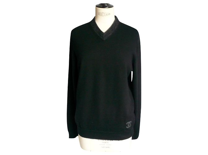CHANEL UNIFORM Herrenpullover V schwarze Wolle Hervorragender Zustand TS