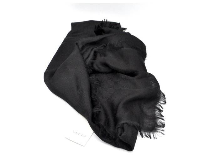 Gucci squared Scarf black Wool-Silk monogram motif  ref.224160