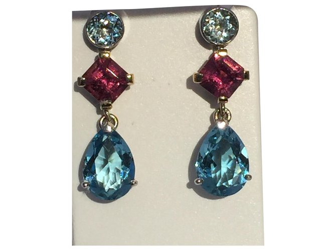 Autre Marque Gold earrings 18 Kt aquamarine topaz and tourmalines Gold hardware  ref.224195