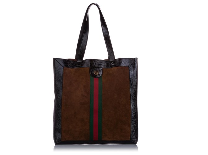Grand sac cabas en daim Ophidia marron Gucci Suede Cuir Cuir vernis Multicolore  ref.224333