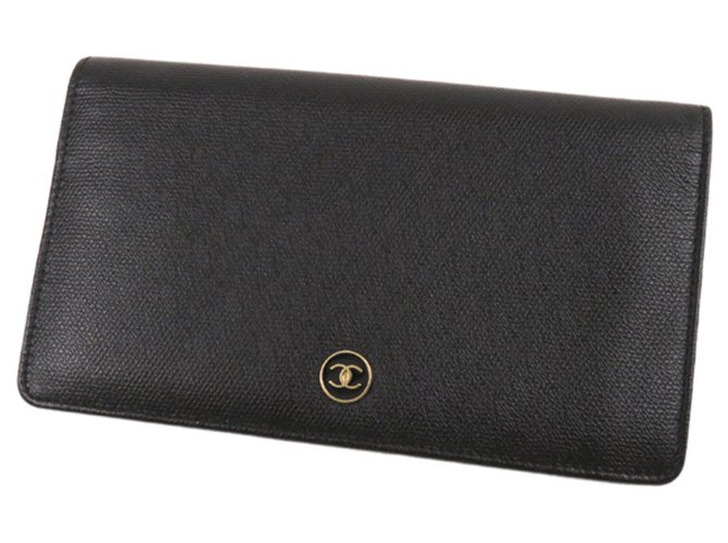 Chanel Carteira comprida em couro preto CC Bezerro-como bezerro  ref.224339