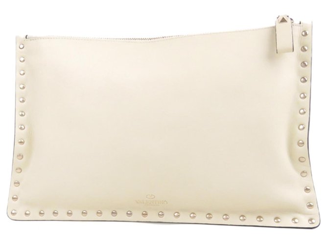Valentino White Rockstud Clutch Bag Cream Leather Pony-style calfskin  ref.224358