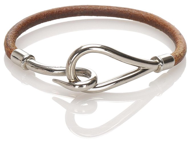 Hermès Hermes Brown Leather Jumbo Hook Bracelet Silvery Metal Pony-style calfskin  ref.224629