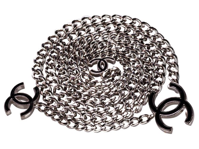 Cinto de corrente Chanel Silver CC Preto Prata Metal  ref.224660