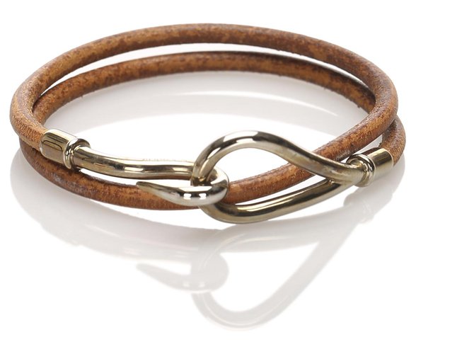 Hermès Hermes Brown Jumbo Hook Leather Bracelet Silvery Metal Pony-style calfskin  ref.224675