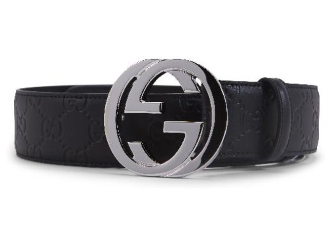 Gucci Black Leather Embossed Belt Size 85 Schwarz Leder  ref.224744