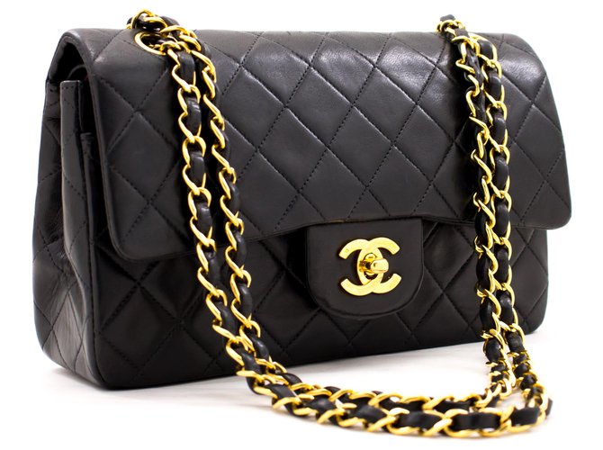 Chanel 2.55 aleta forrada 9"Bolsa de Ombro em Cadeia Bolsa em Pele de Cordeiro Preta Preto Couro  ref.224781