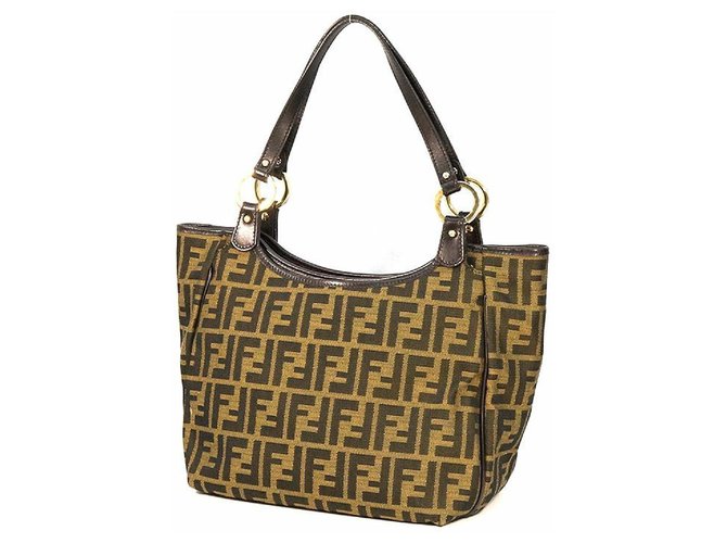 Bolso bandolera mujer FENDI Zucca shoulder 8BH156-JWU caqui x marrón Castaño Cuero Lienzo  ref.224795